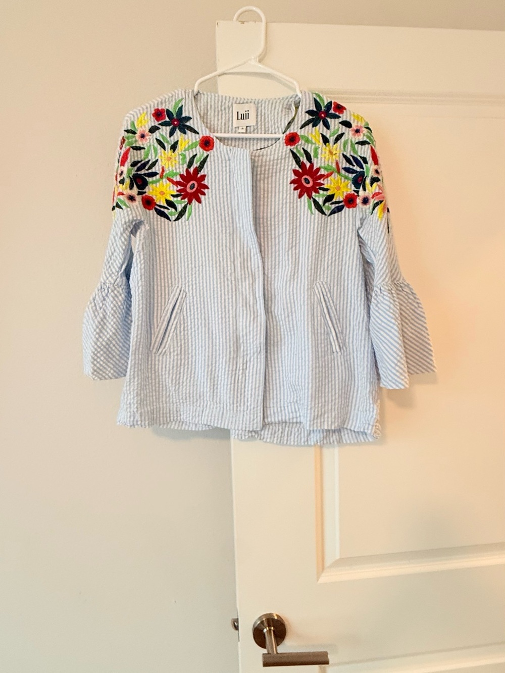 Luii Light Blue Seersucker Jacket with Multicolor Floral Embroidery
